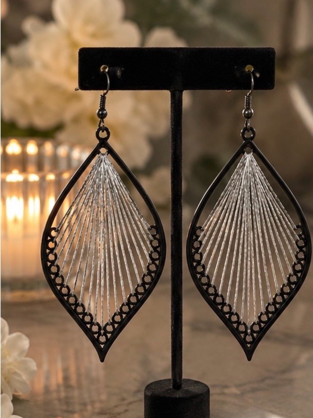 Black Silver Statement Drop Earrings Open Teardrop Boho 3.5” Dangle